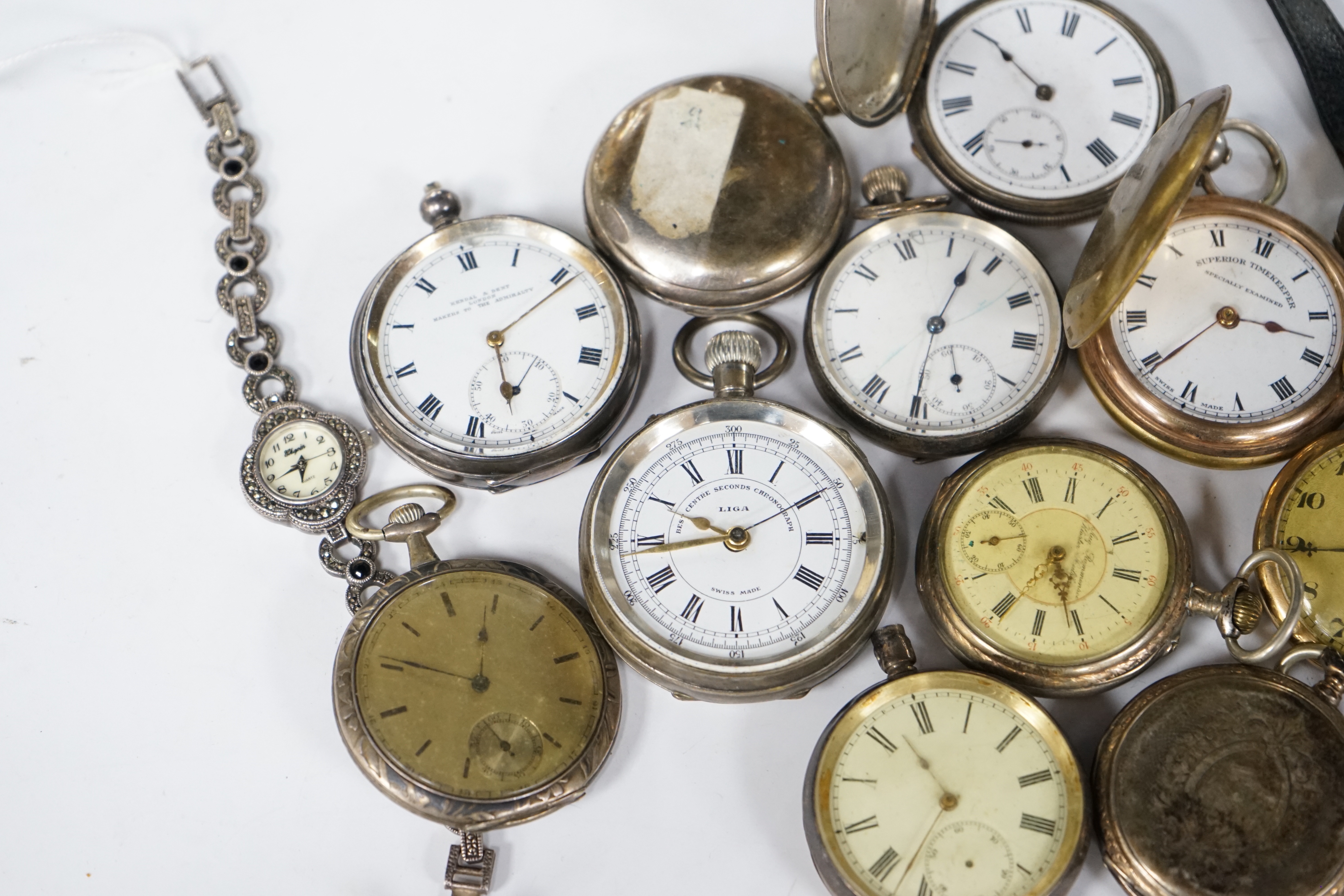 A lady's marcasite set wrist watch, a 935 standard wrist watch and a small quantity of assorted pocket watches, including 900 standard and niello white metal, three silver pocket watches including Kendall & Dent and a Li